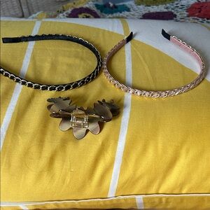 Black and Pink Chain-Jeweled Trim Headbands with Brown Hair Claw